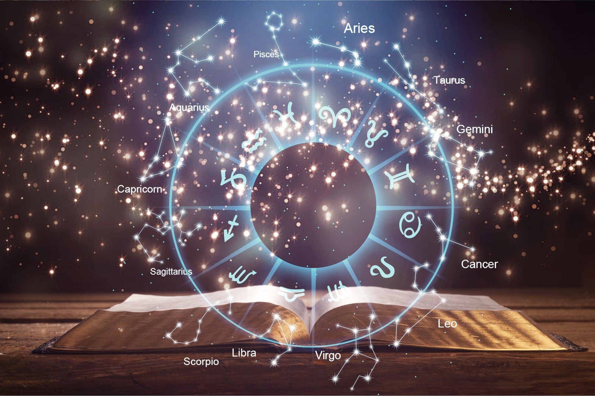horoscope symbols over night sky